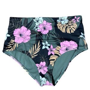 Roxy Floral High-Waisted Bikini Bottom - Black and Pink